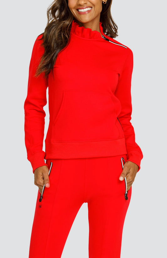 Model is wearing a Red pullover with a side zipper at the collar and kangaroo pocket. Paired with matching Red joggers. 